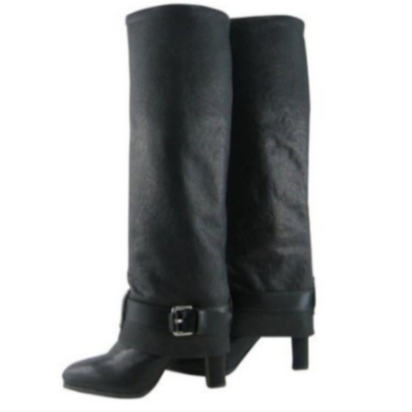 Theory Knee-High Foldover Black Leather Boots - Picture 1 of 8
